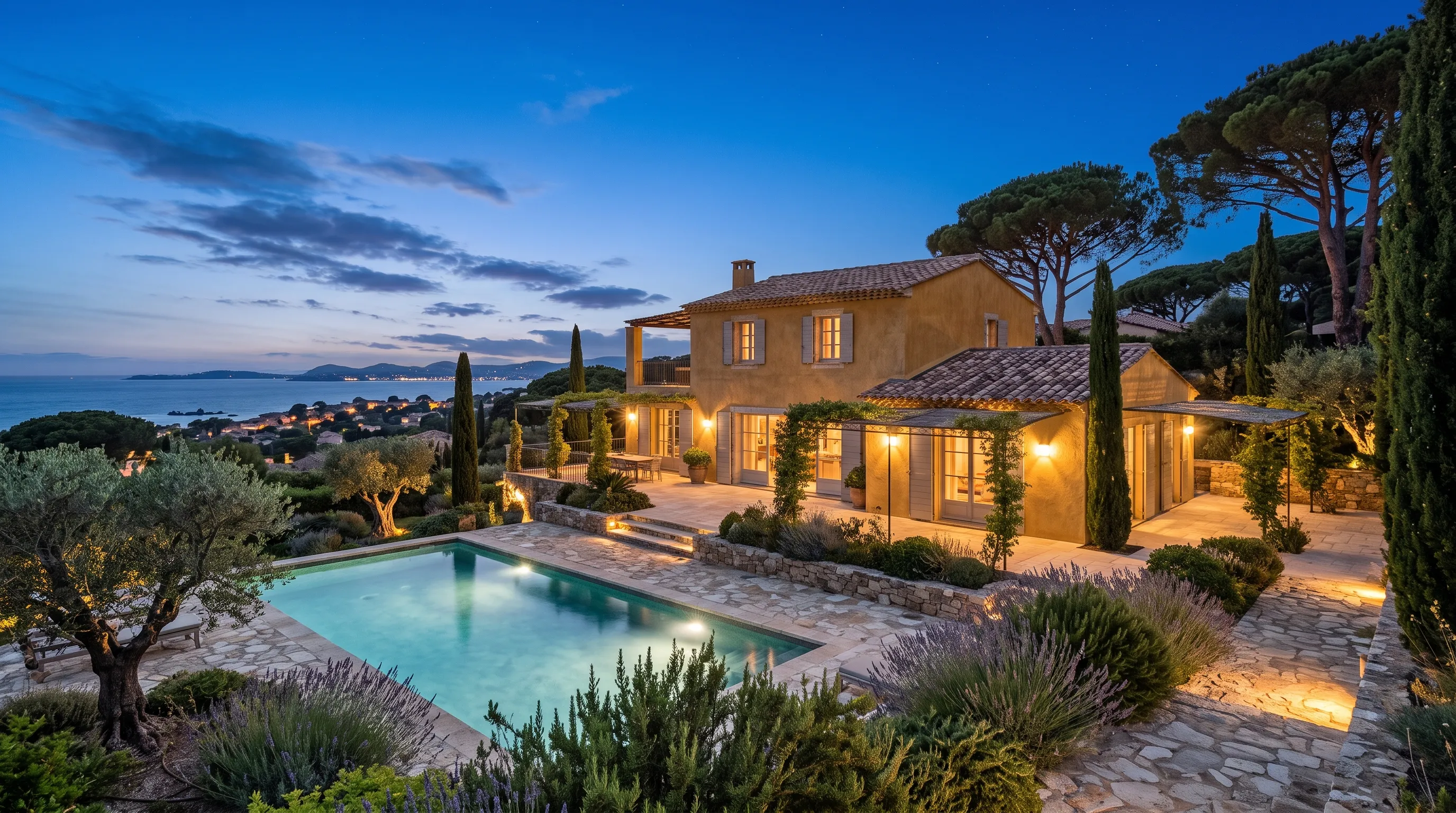 Villa au crépuscule, lumières allumées et vue sur mer