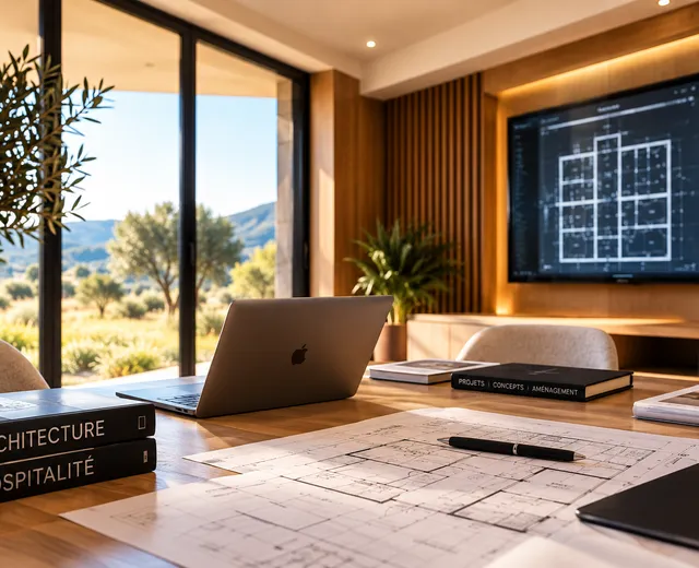 Bureau d'études avec plans, ordinateur portable et écran affichant un plan technique