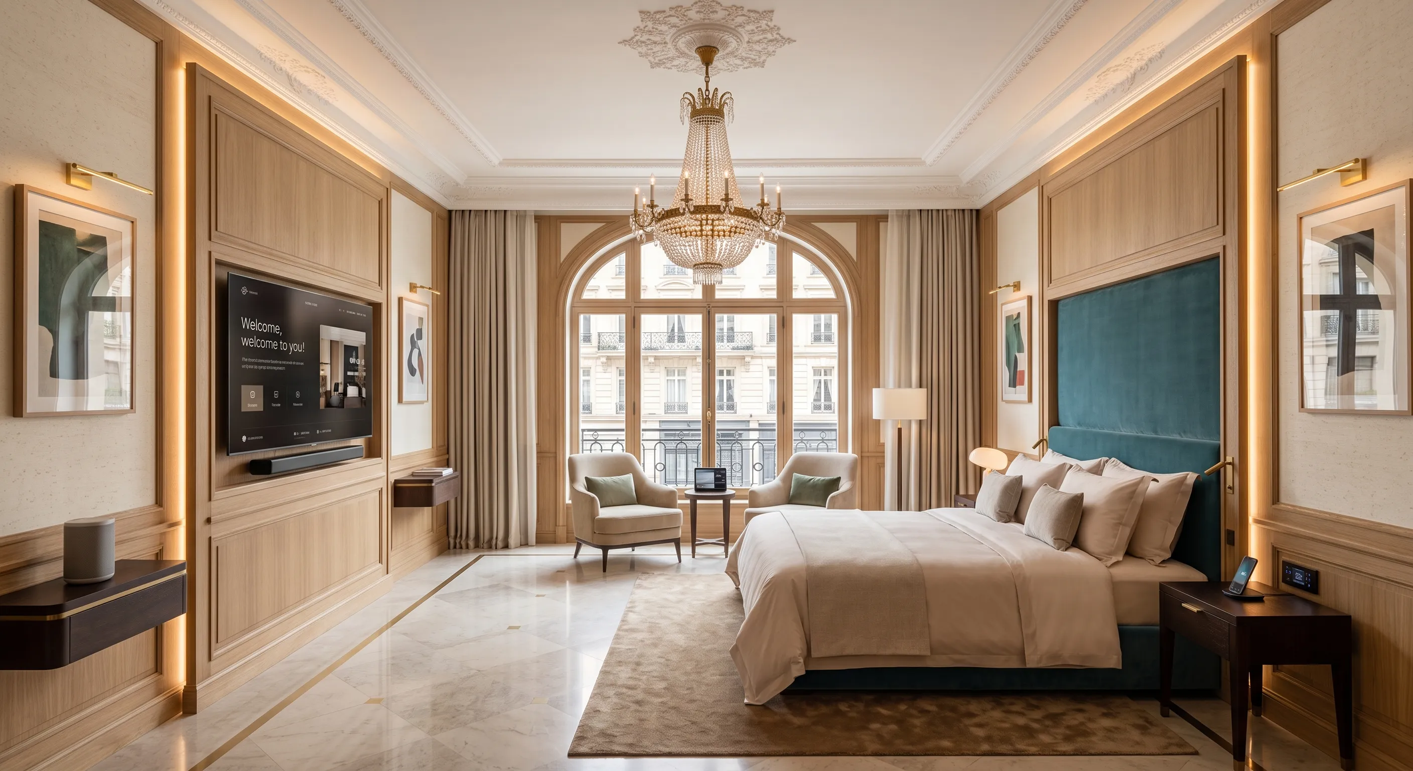 Chambre connectée, écran de bienvenue et éclairage d'accueil