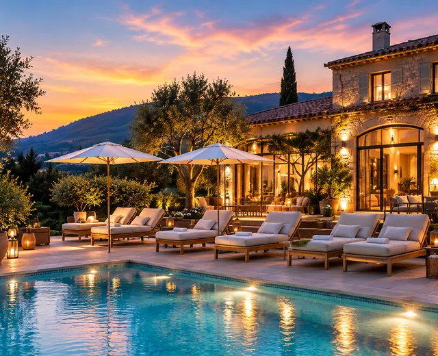 Terrasse et piscine éclairées au crépuscule