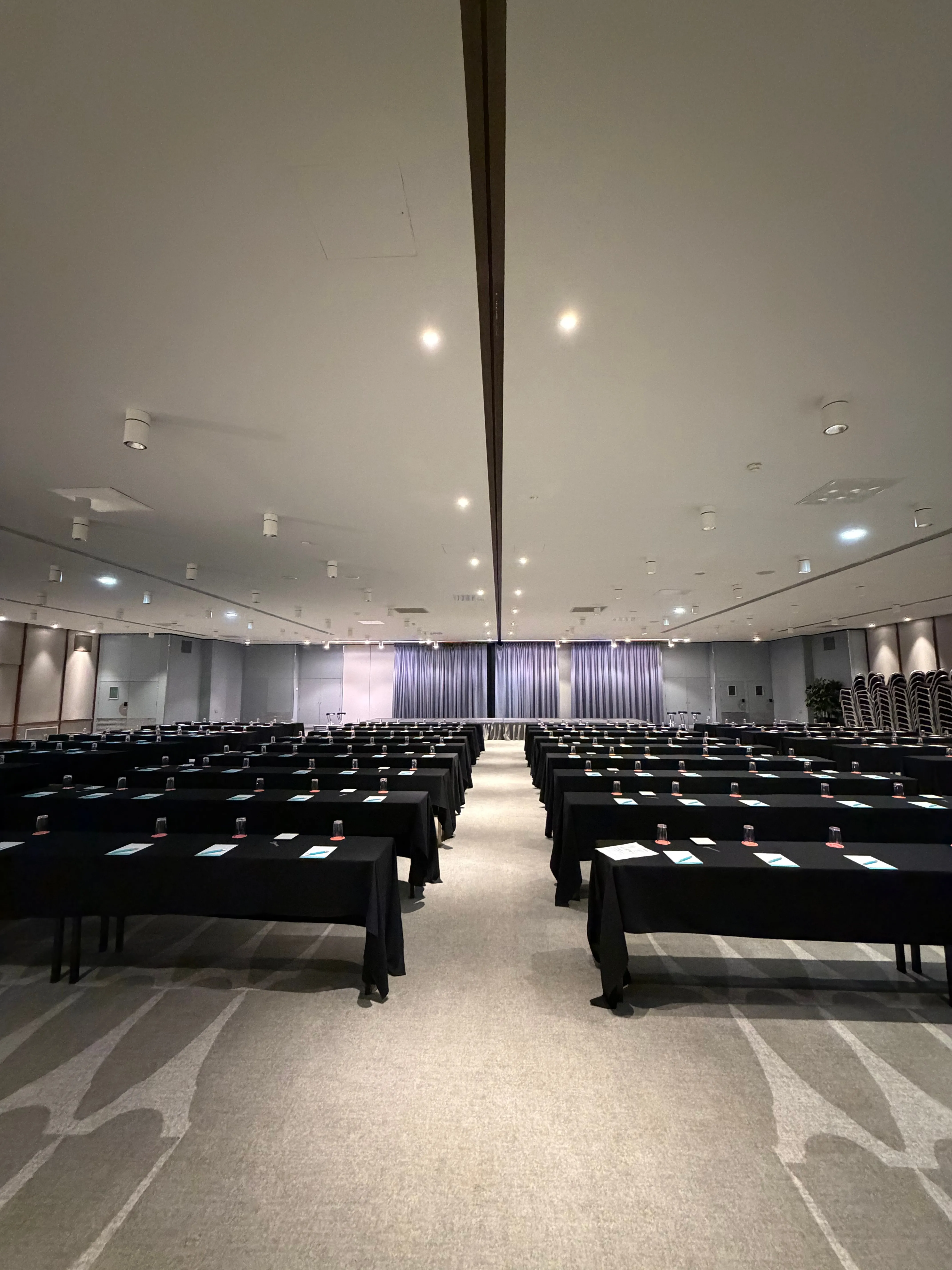 Salle de conférence en configuration théâtre, symétrie du plafond