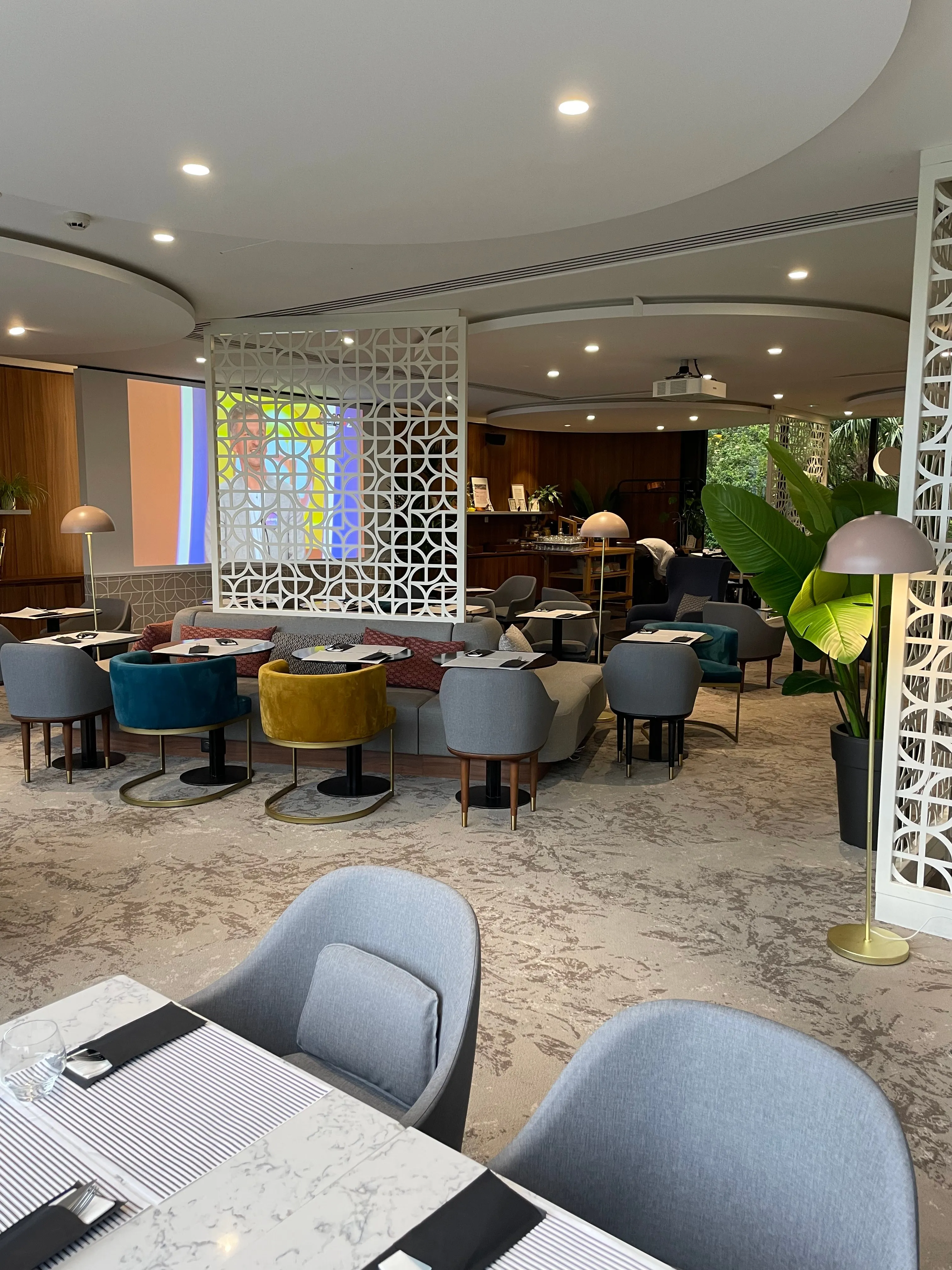 Espace bar et restaurant, éclairage d'ambiance et écran décoratif