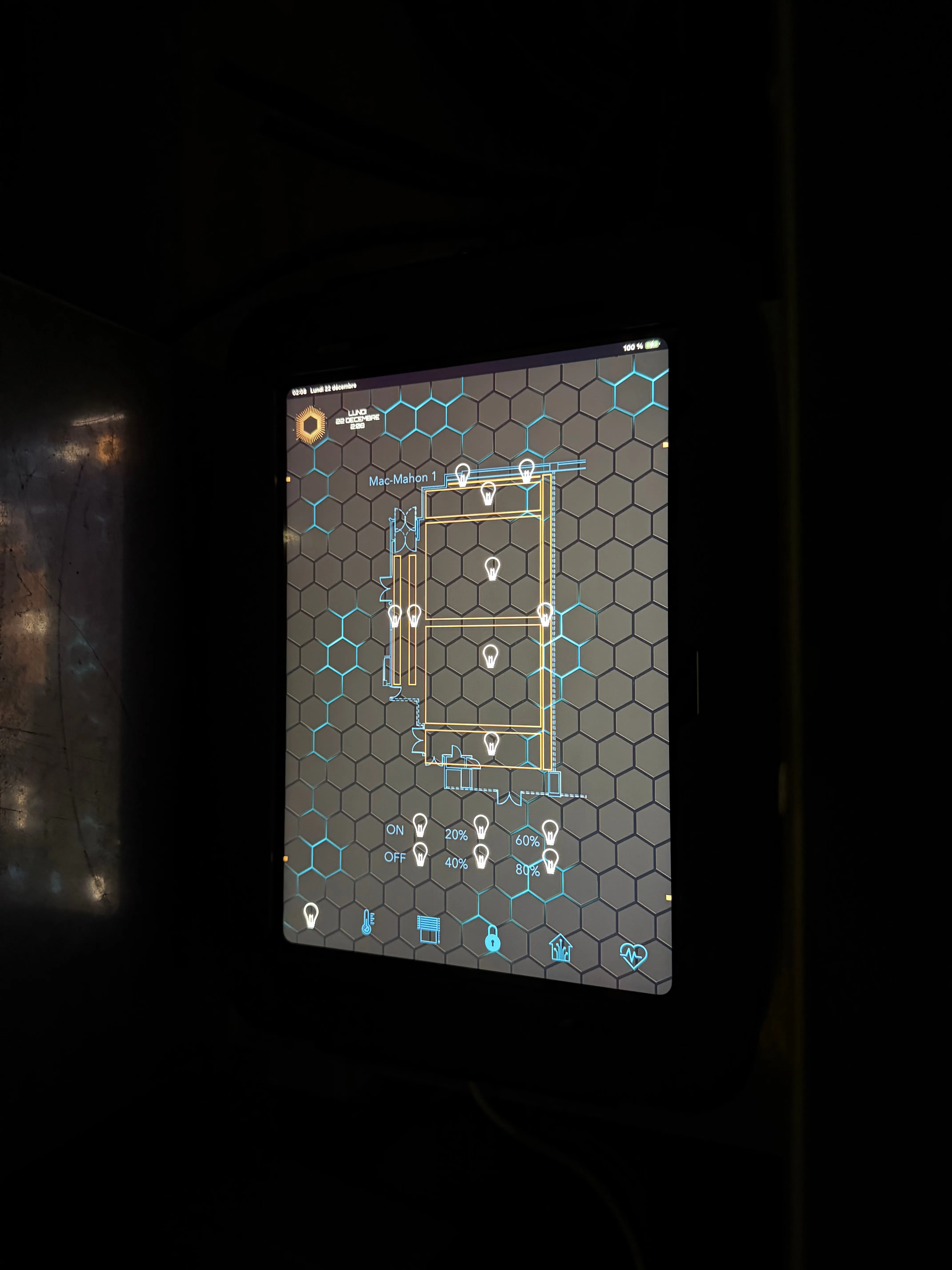 iPad de pilotage mySmartJarvis, réglages d'éclairage par zone